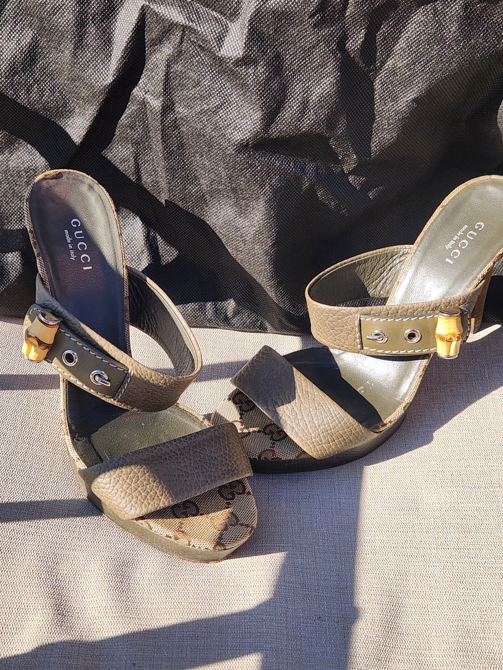 Gucci Olive Green/Gray Leather Two-Strap  Bamboo Accent Heeled Slides Size 7.5
